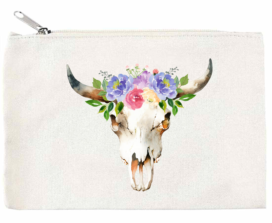 Cow Skull and Flower Zippered Pouch