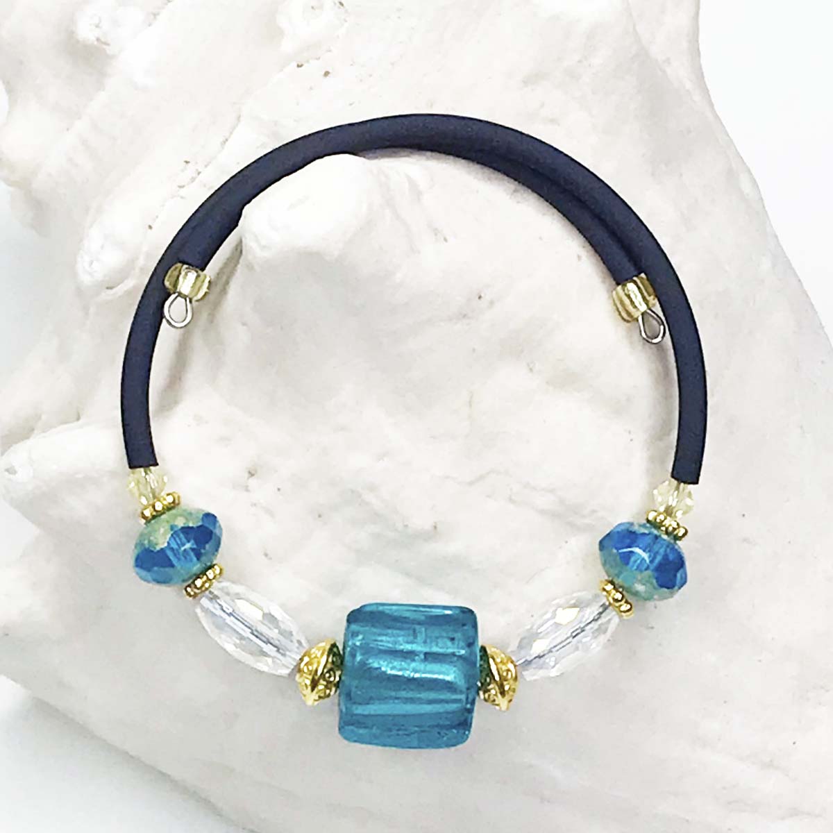 Blue and Gold Glass Bead Bracelet