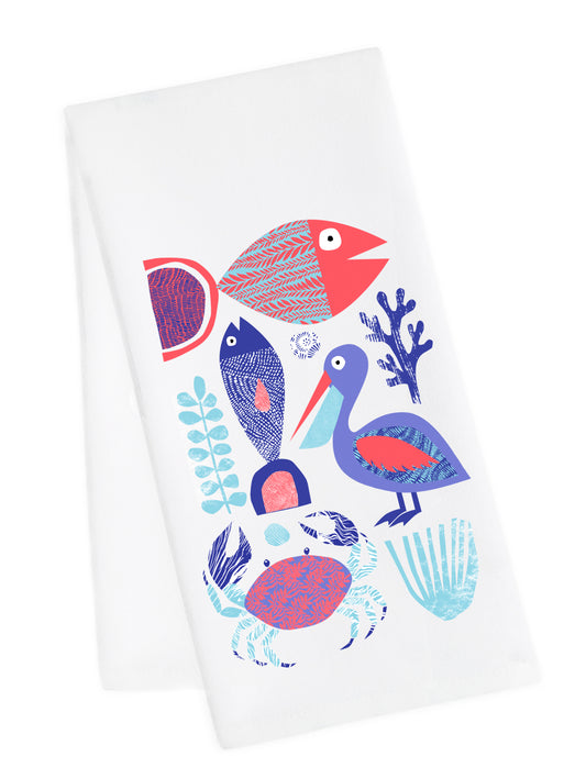 Fish, Pelican, Crab Coastal Tea Towel